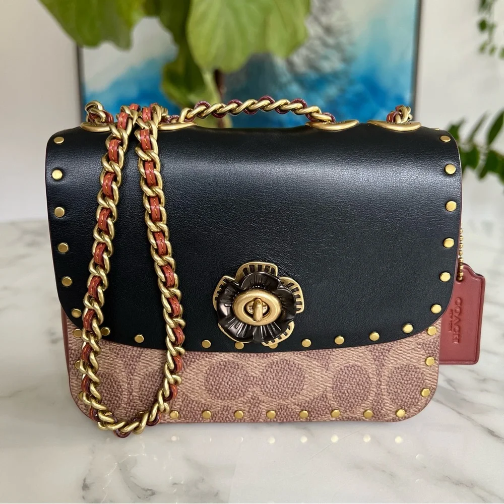 COACH Madison Shoulder Bag 16 In Signature Canvas With Rivets Tan Rust C2462t